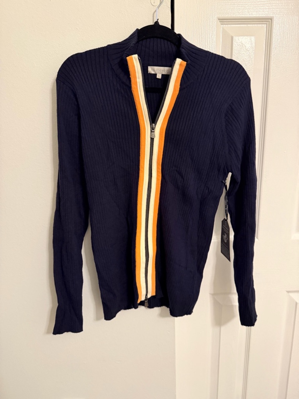 NEW ANATOMIE Charlize Sweater Top Navy with tangerine stripe Large - Picture 2 of 3